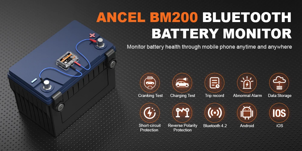 ANCEL BM200 12V Batterie-Monitor, Überwachung der Batteriezustand im Auto, Batterietester, kabelloses Bluetooth 4.2 für Android IOS APP – Detail 1