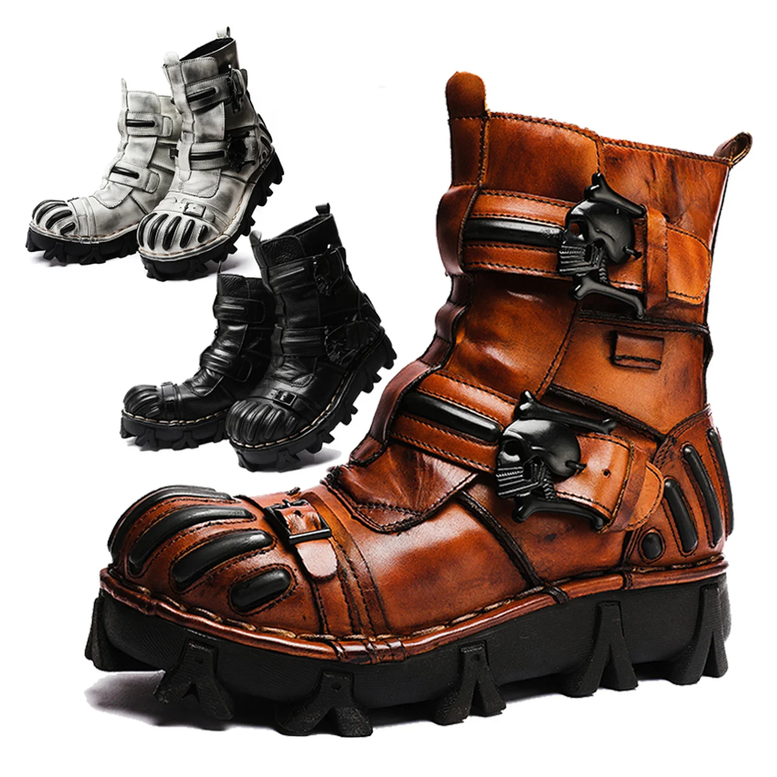 Men's Genuine Leather Motorcycle Boots Mid-calf High Top Western Riding Boots Goth Skull Buckle Strap Punk Combat Boots Cat Claw