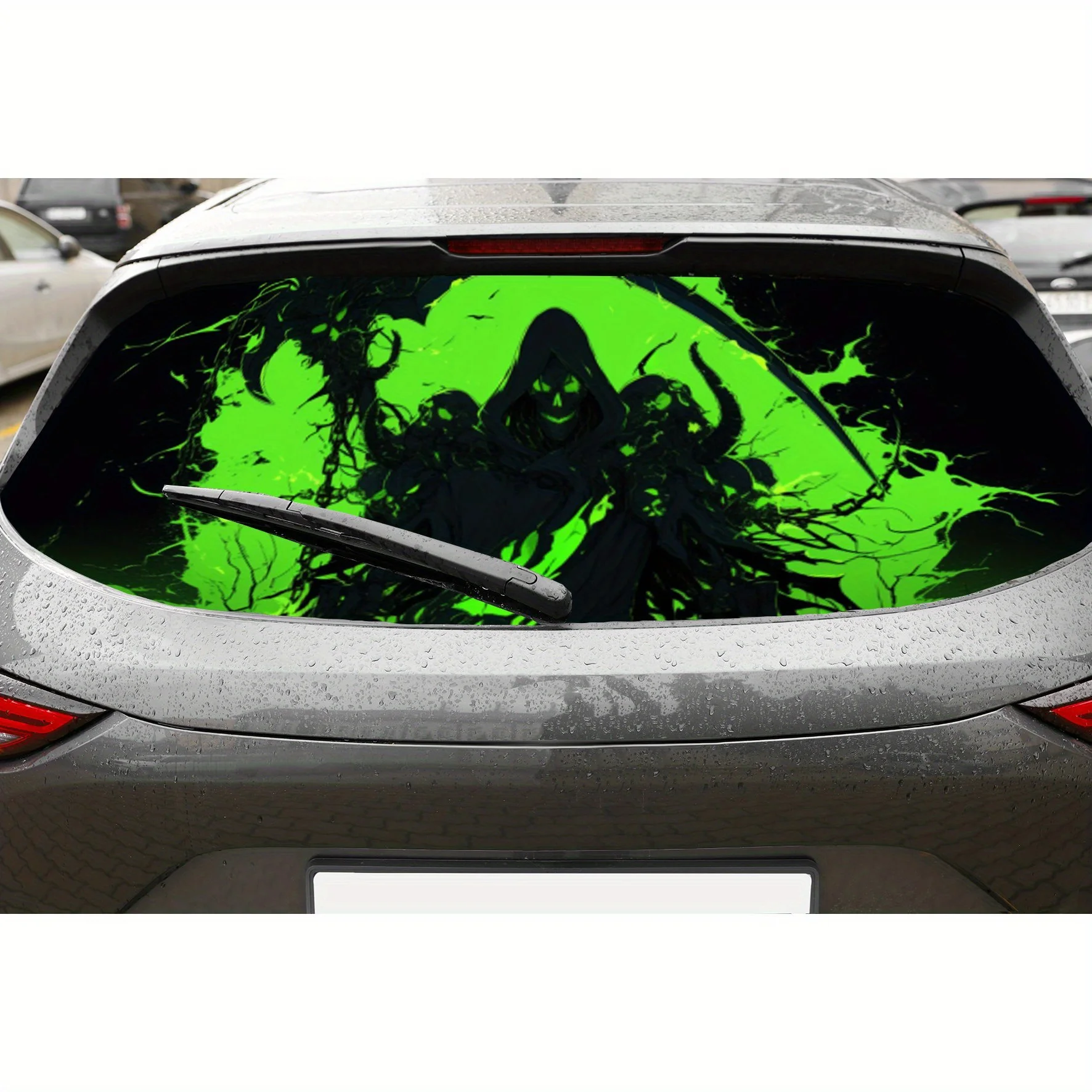 

Neon Green Grim Reaper PVC Perforated Car Vinyl Wraps, Privacy Enhancing Design for Rear Window, Car Rear Windshield Sticker for