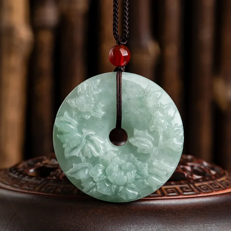 

Mai Chuang/Hand-carved/ Natural Myanmar Jade Peony Flower Ring Safety Buckle Emerald Necklace Pendant Fashion Women Jewelry Gift