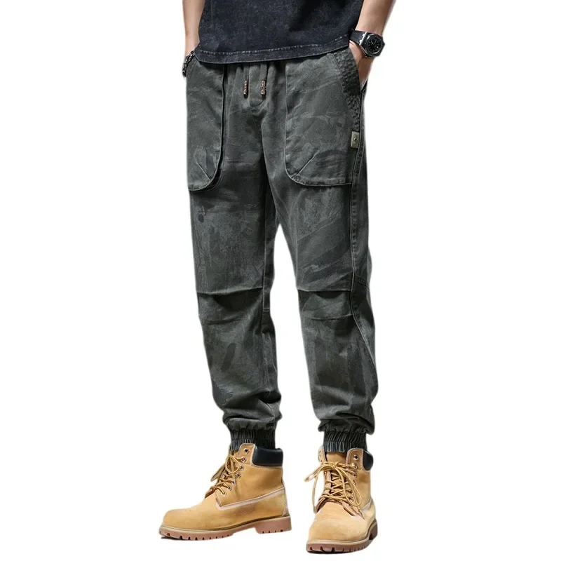 Calça casual amarrada com camuflagem nos tornozelos masculinos, design de bolso grande, exterior de alta qualidade na moda, versátil, bonito, novo, 2024