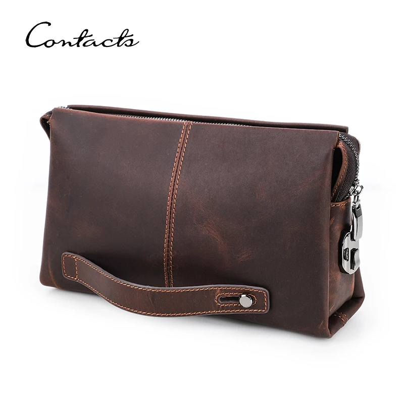 CONTACT\'S Genuine Leather Clutch Bags for Men Code Design Large Capacity Card Holders Phone Pocket Men Handbags Clutches Wallets