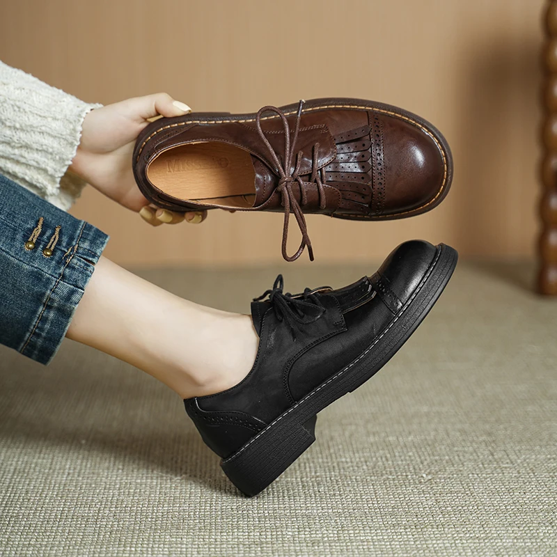 

Loafers Women Genuine Leather Brogue Detailing Lace Up Tassel Vintage British Versatile Fashion Shoes
