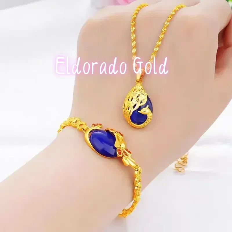 Eldorado Gold  9999 24K real gold Ladies Necklace Bracelet Peacock two-piece Pendant Cat's Eye AU750 Gold jewellery