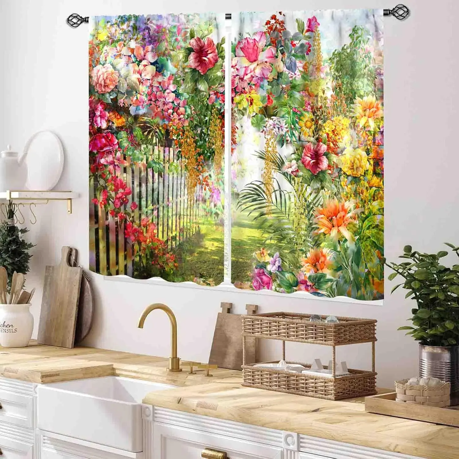 Floral Curtains for Bedroom, Farmhouse Watercolor Summer Spring Flower Blossom Colorful Botanical Nature Garden Window Drapery