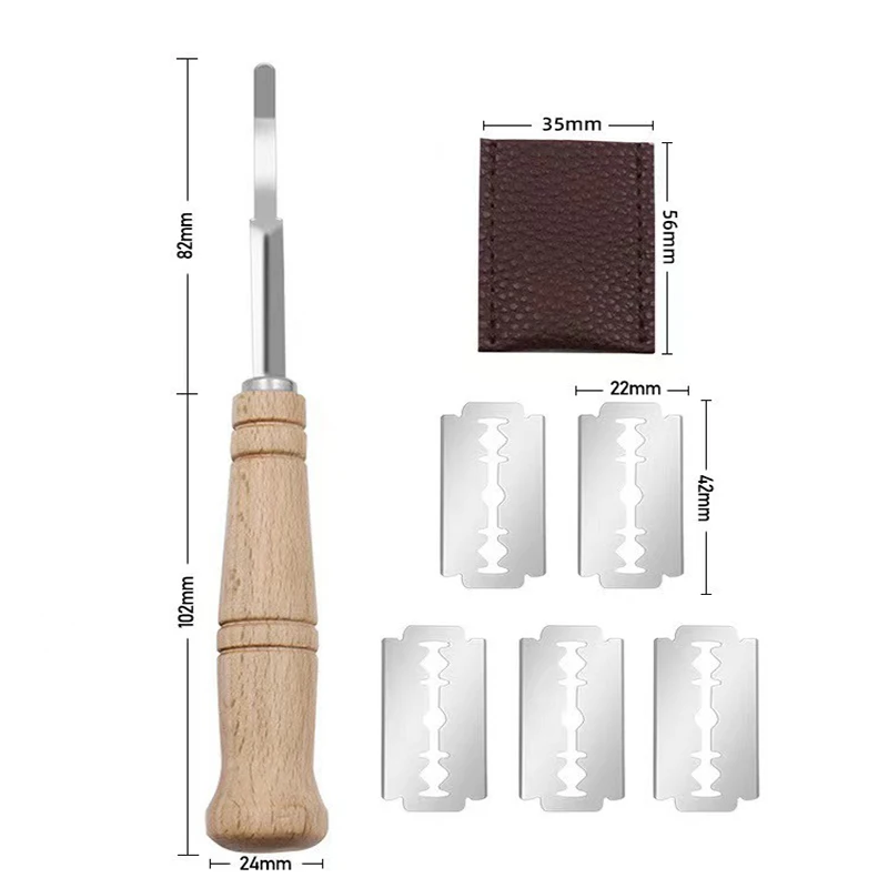 Bread Cutter Wooden Handle Bread Lame Slashing Tool With 5 Razor Blades Leather Cover Curved Dough Scoring Knife Baking Tool