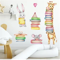 Pegatinas de pared de jirafa y conejo con libro, decoración para guardería, decoración para sala de lectura de niños, calcomanía de biblioteca para estudiantes, carteles Murales para aula