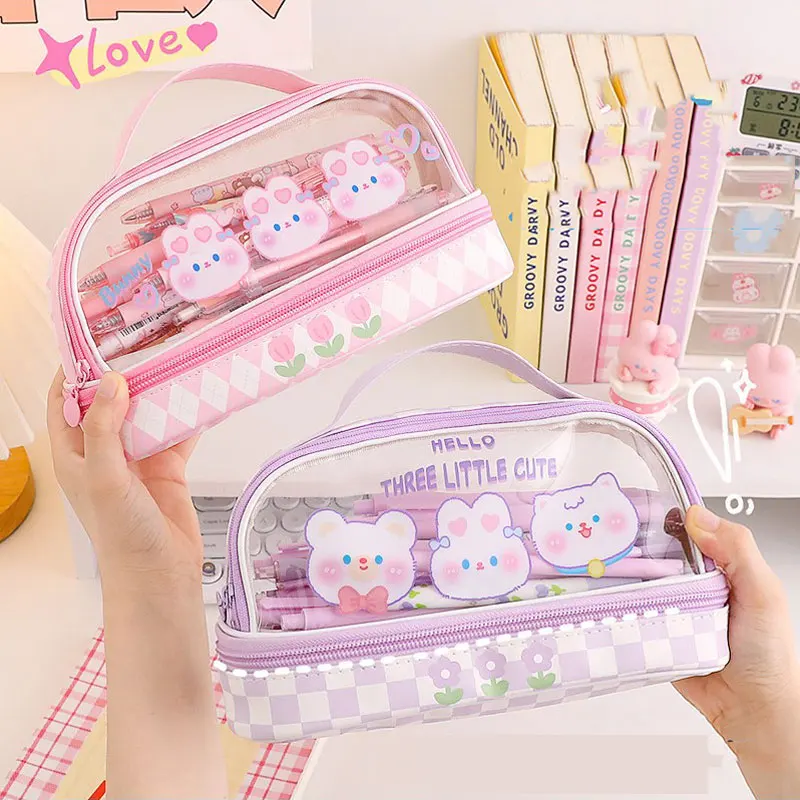 Kawaii Transparent Pencil Case Large Capacity Organizer Pen Box Korean Pouch for Girls Back to School Supplies Stationery
