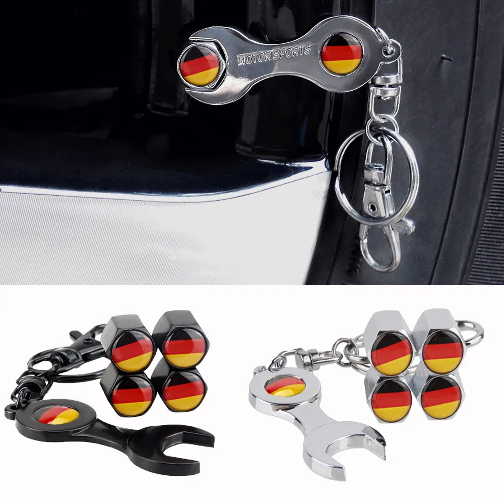 4PCS Car Wheel Tire Valve Caps Germany Flag LogoTyre Stem Cover With Keychain For Smart Porsche Rolls-Royce Infiniti Niss