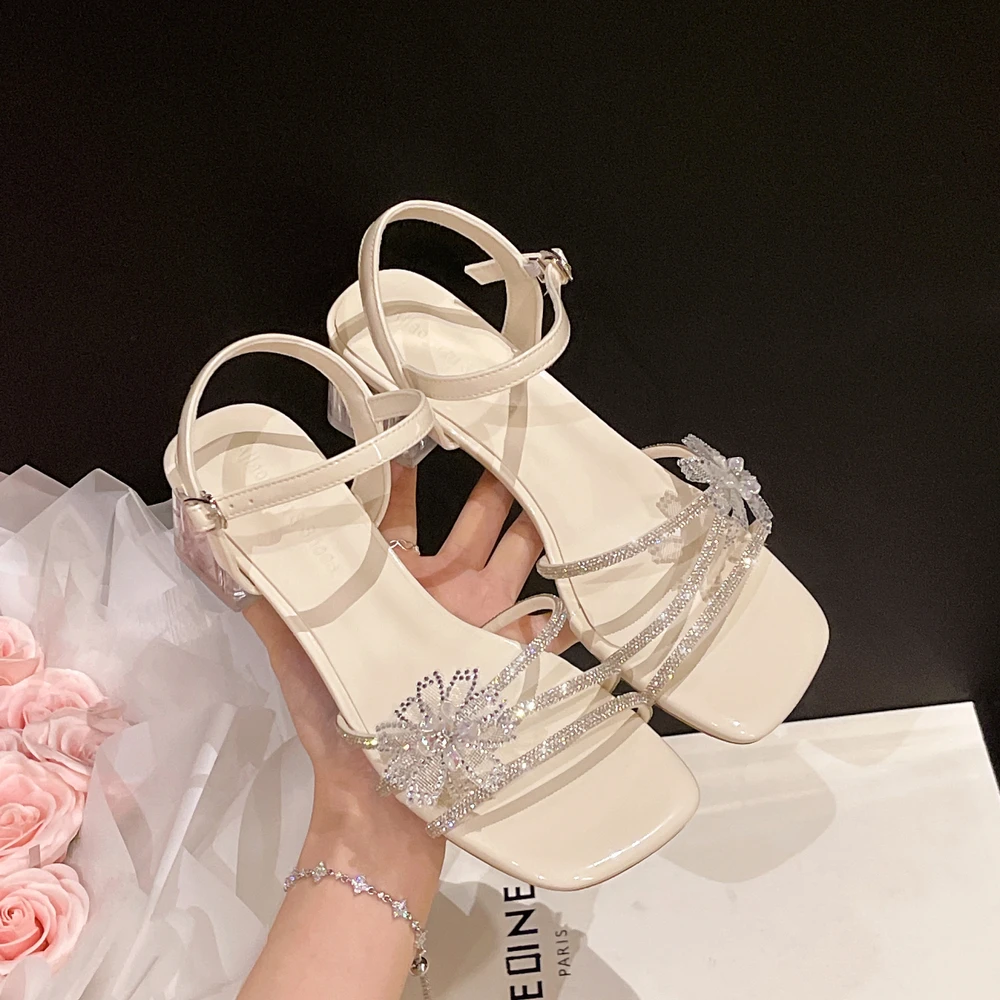 

Sandals Women Shoe Block Heels New Girls Spring Chunky Retro High Comfort Fashion Rhinestone Scandals Ladies Pumps Crystal