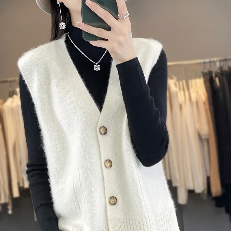 Autumn And Winter New 100% Pure Wool V-Neck Knitted Vest Sleeveless Camisole Knitted Top Solid Color Vest Sweater