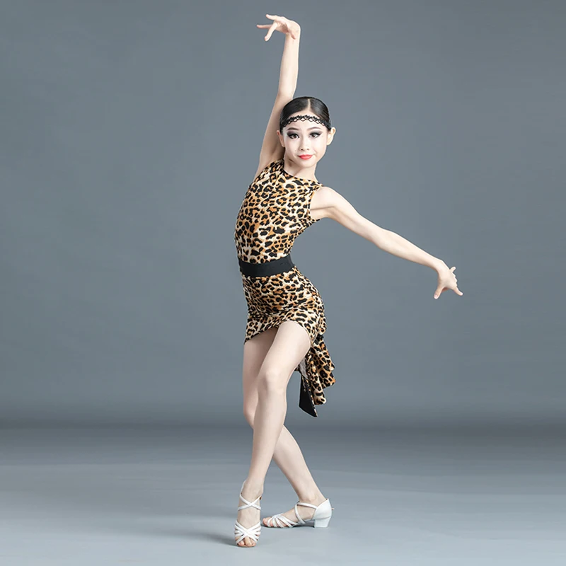 Kids Ballroom Performance Clothing Girls Latin Dance Costume Leopard Top Skirts Children\'S Latin Competition Dance Dress SL7174