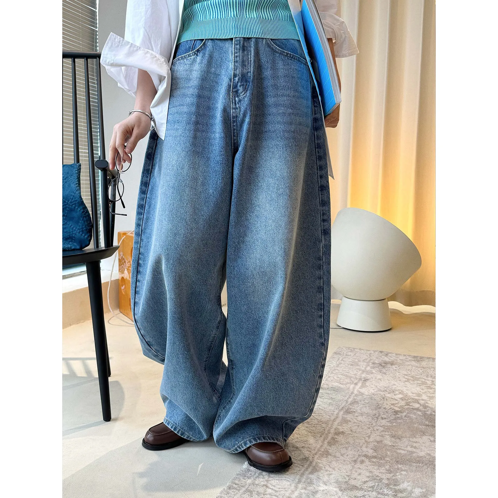 

SuperAen Spring New Korean-style Vintage Fashion Washed Wide-leg Pants for Women High Street Denim Loose Full Length Pants