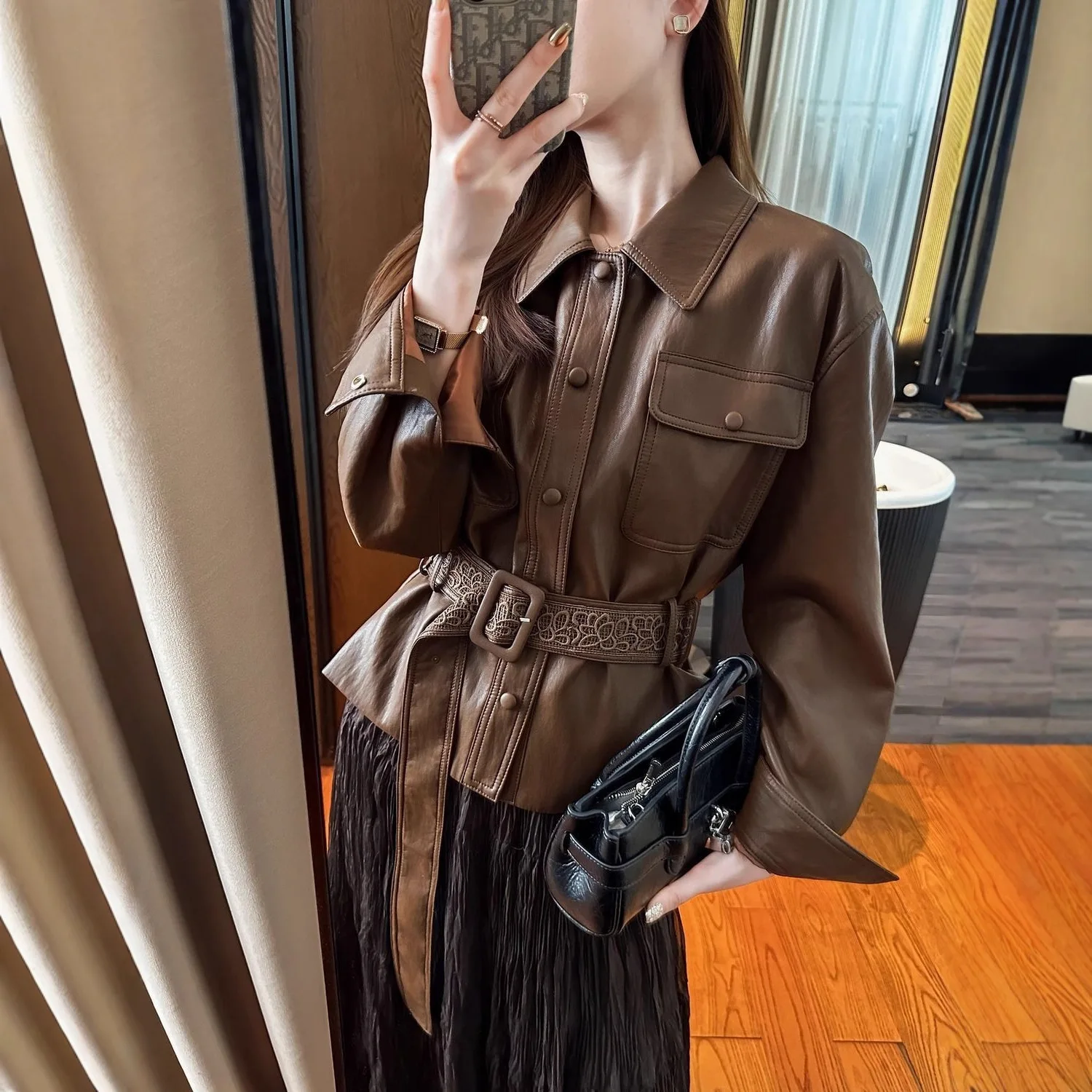Women Faux Leather Coats Solid Belted Jacket Turn Down Collar Long Sleeve Single Breasted Slim Fit Casual Streetwear 2026 Spring