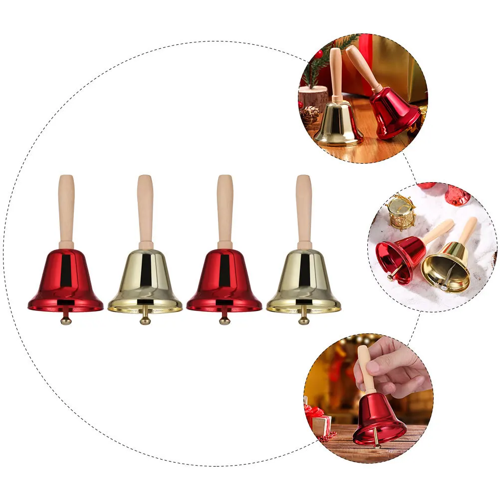 

4Pcs Wooden Handle Hand Bells Clear Ringtone Reusable Eco Friendly for Christmas Party Decor Service Percussion Props