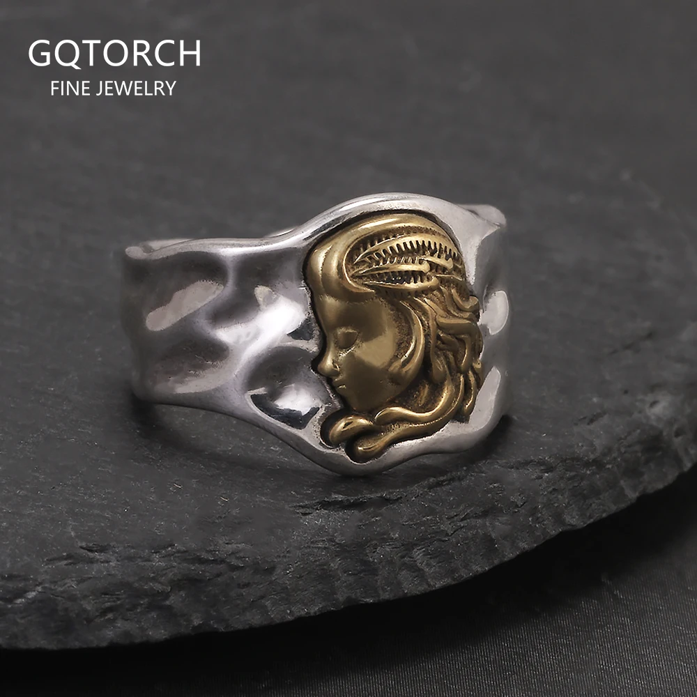 

925 Sterling Silver Irregular Goddess Ring for Women Retro Antiqued Portrait Relief Fashion Niche Jewelry