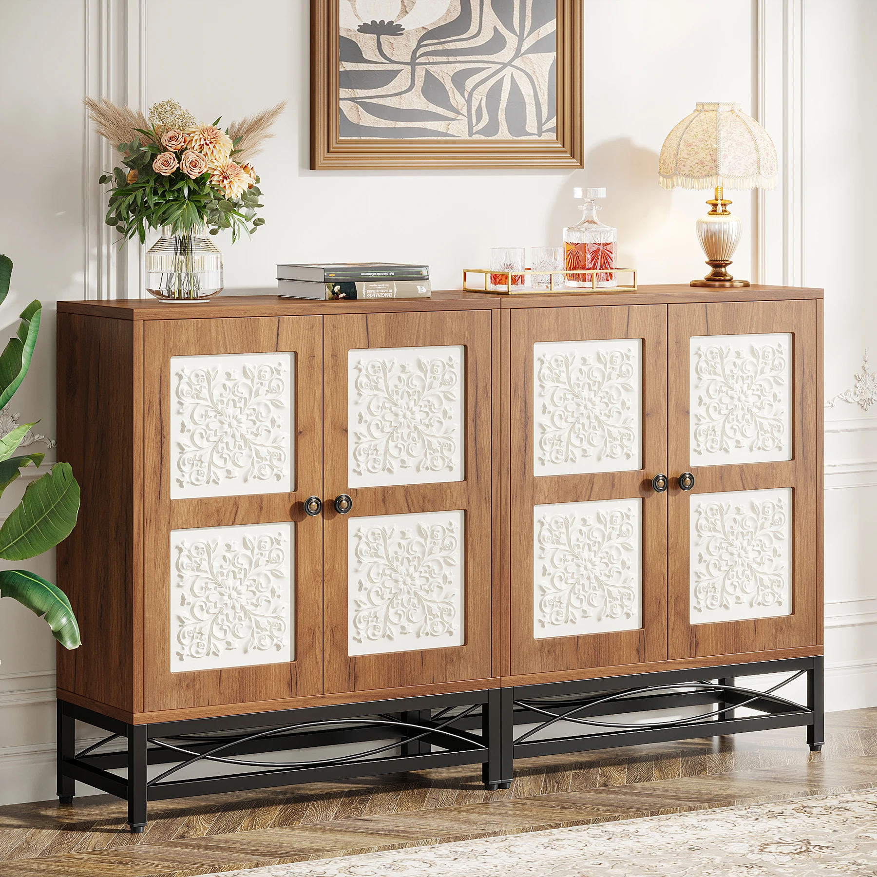 Tribesigns 59 Inches Buffet Cabinet Set of 2, Sideboard Cabinet with Storage Shelves and Carved Design Door