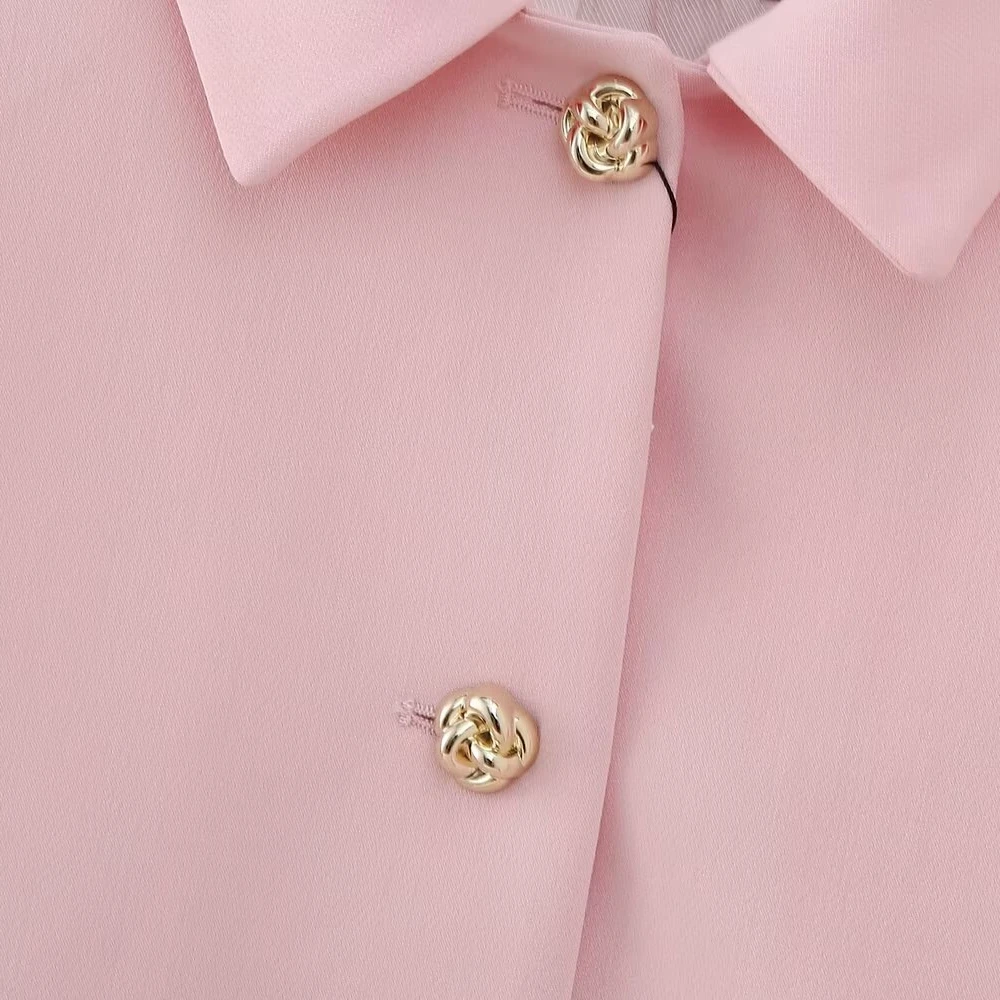 Tangada 2024 New Women Pink Crop Suit Coat Gold Buttons Long Sleeve Lady Short Blazer BE050