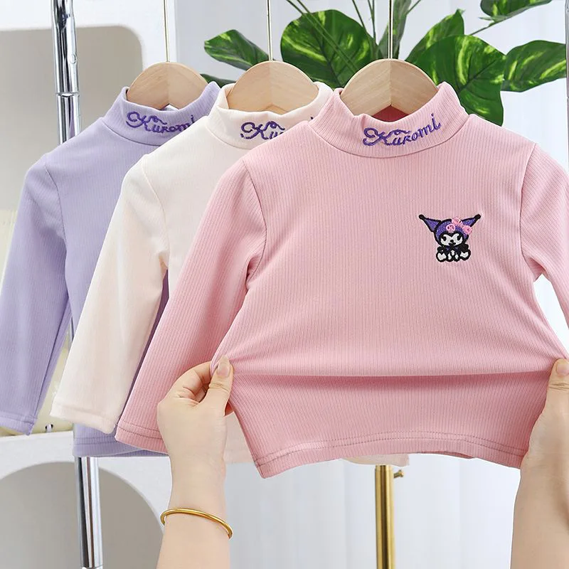 Hot Sanrios Kuromi Bottoming Shirt Anime Embroidered T-Shirt Cute Spring Autumn Fleece Top Cartoon Sweet Warm Pullover Girl Gift