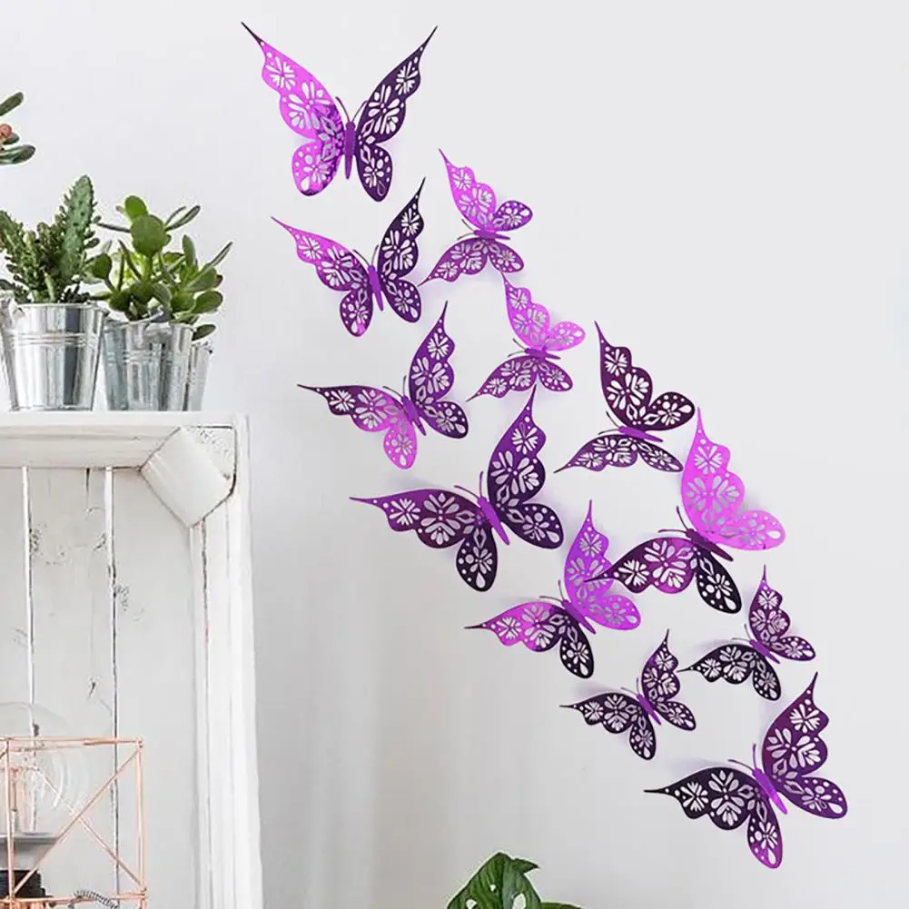 12Pcs Butterfly Wall Stickers 3D Hollow 3 Size Paper Butterflies Wall Decor Party Cake Decorations For Birthday Wedding