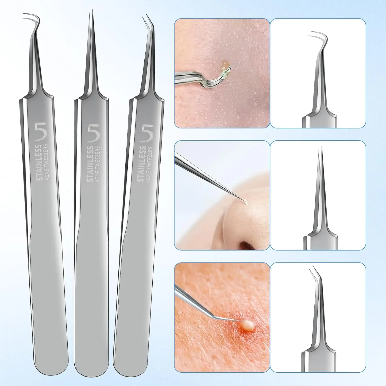 

3PCS Stainless Steel Blackhead Removal Tool Set, Blackhead Clip, Tweezers, Beauty Facial Blackhead Remover, Acne Needle Tool