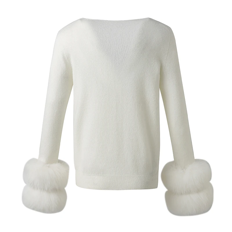 Autumn Winter Women Knitted Sweater with Real Fox Fur Cuffs Fashion Casual V-Neck Genuine Wool Warm Pullover Sweater