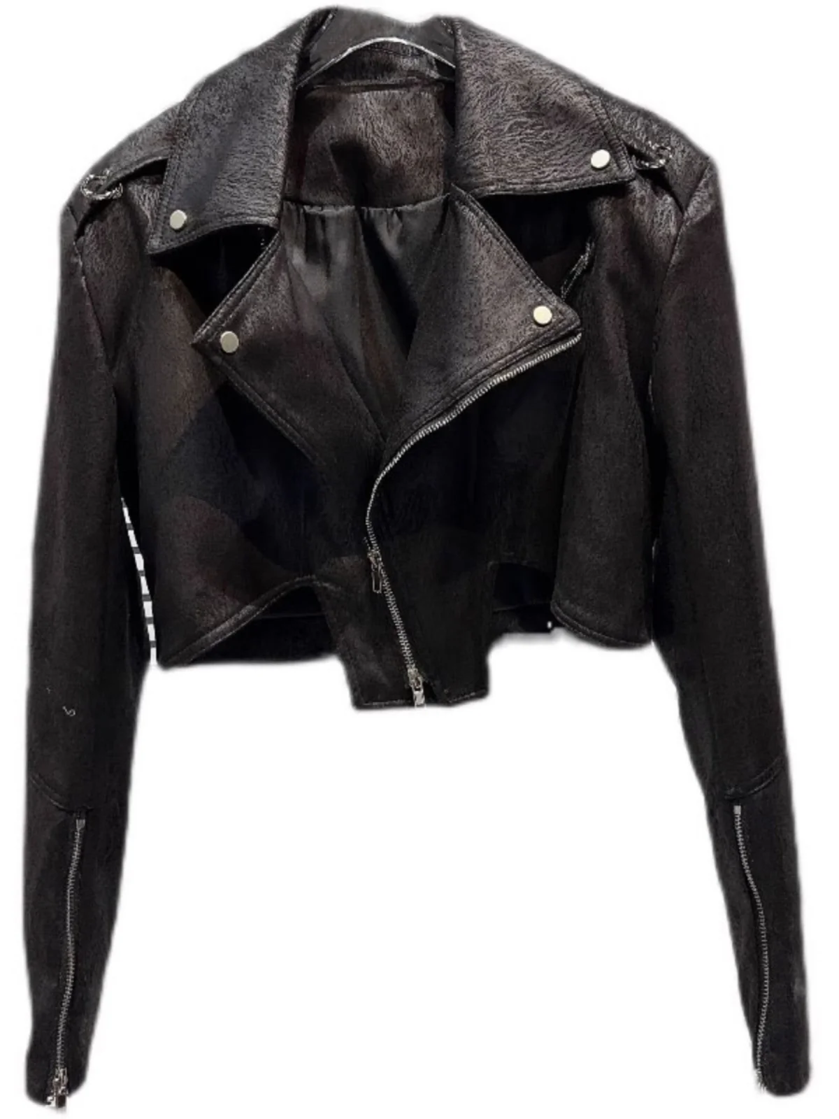 Kurtka skórzana z kołnierzem, z paskiem na ramieniu, w stylu ort Texturewear, dla modnych dziewczyn, wiosna 2026, styl uliczny, PU, wodoodporna.