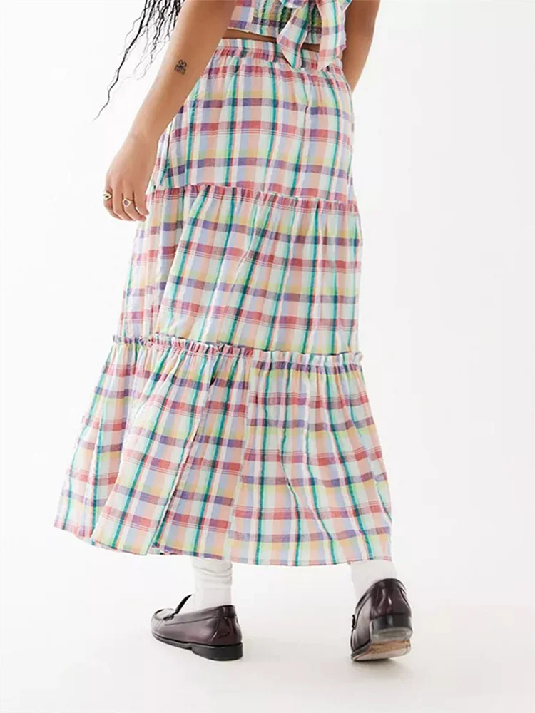 CHRONSTYLE Fashion Women Summer Plaid Print Long Skirts Elastic Waist A-Line Loose Casual Midi Skirts Party Club Streetwear 2024