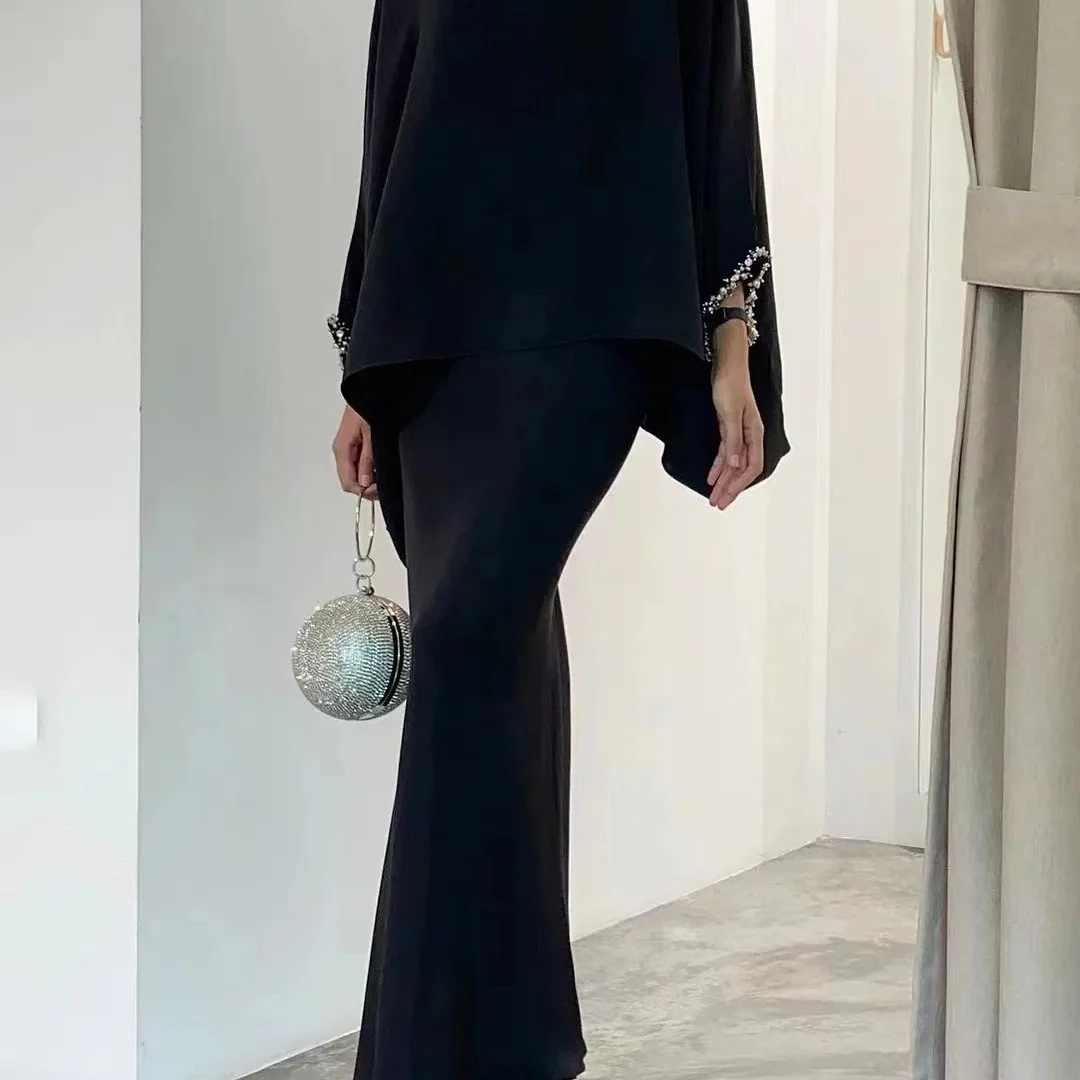 2025 Elegant Beaded Round Neck Solid Color Satin Two-piece Skirt Suit Women's Loose Sleeve Top Slim Fit Fashionable Skirt Suit