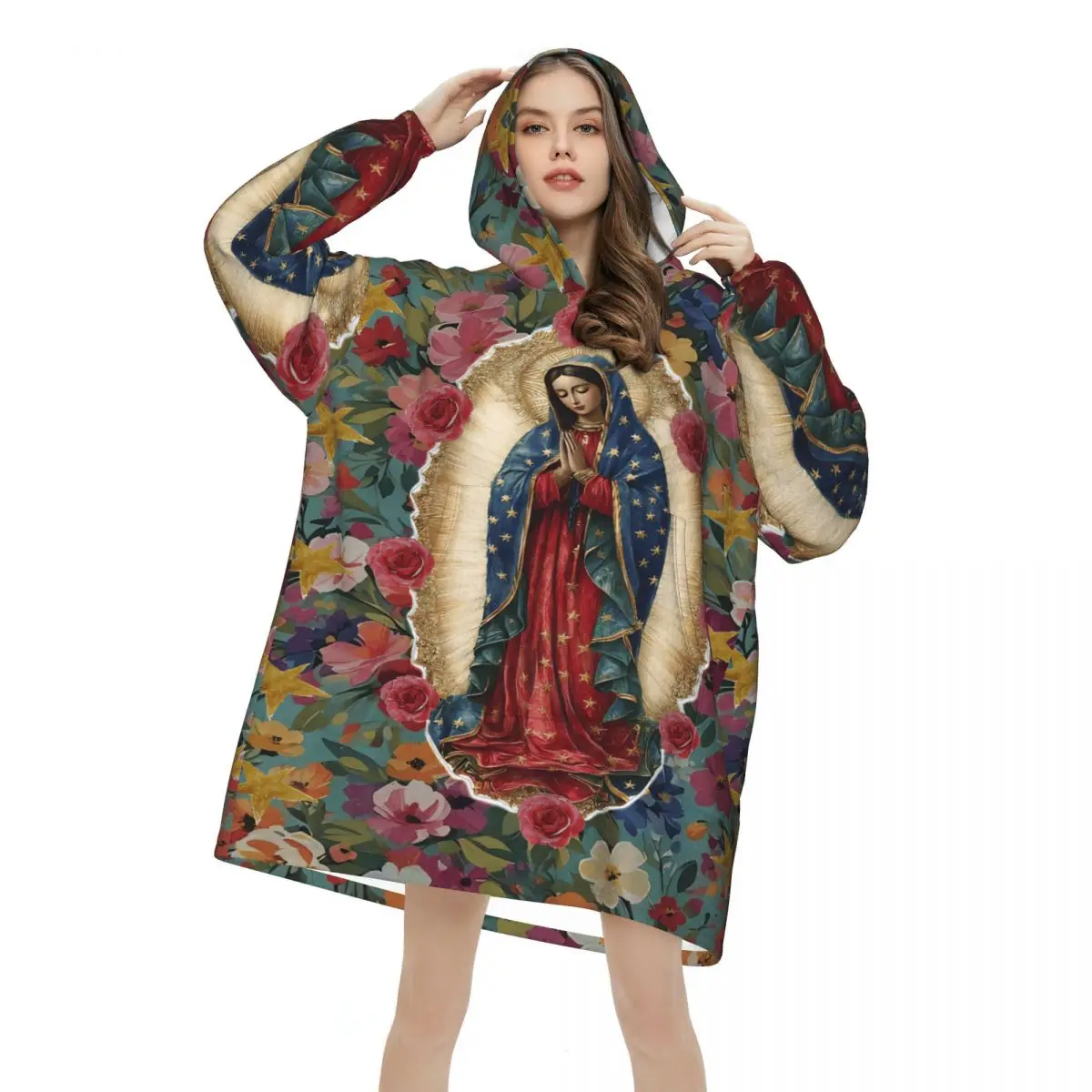 Oversized Virgin Our Lady Of Guadalupe Mexican Wearable Blanket Winter Ultrasoft Plush Warm Sweatshirt Blankets With Pocket