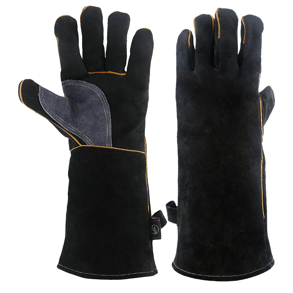 

1 Pair 14 Inch Heat Insulation Gloves Double Layer Cowhide For Baking Barbecue Soldering Furnace Protective Work Gloves