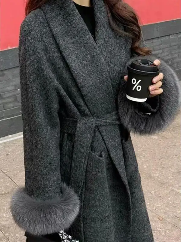 

Premium Grey Khaki Woolen Coat Women's Thickened Long Sleeve Long Coat Korean Style Straight Cut Commute Winter Fashion