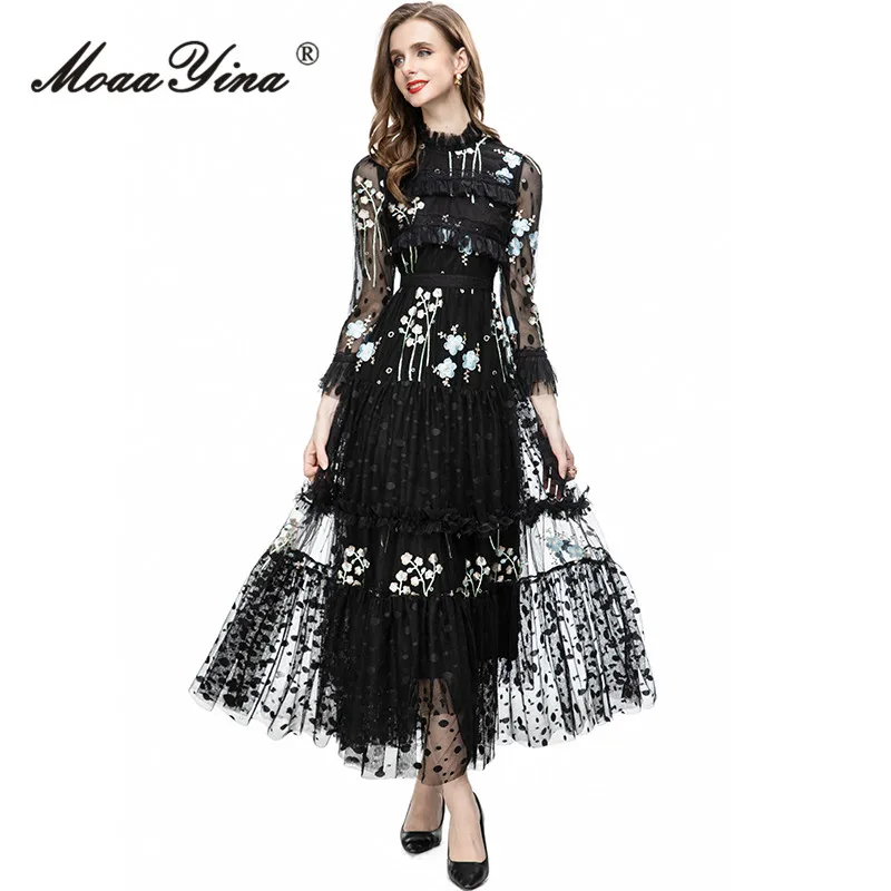 Imagem -03 - Moaayina-vestido Longo de Cintura Alta Feminino Bordado em Renda Fino Malha Gola Ruffles Preto Festa Elegante Estilista de Verão