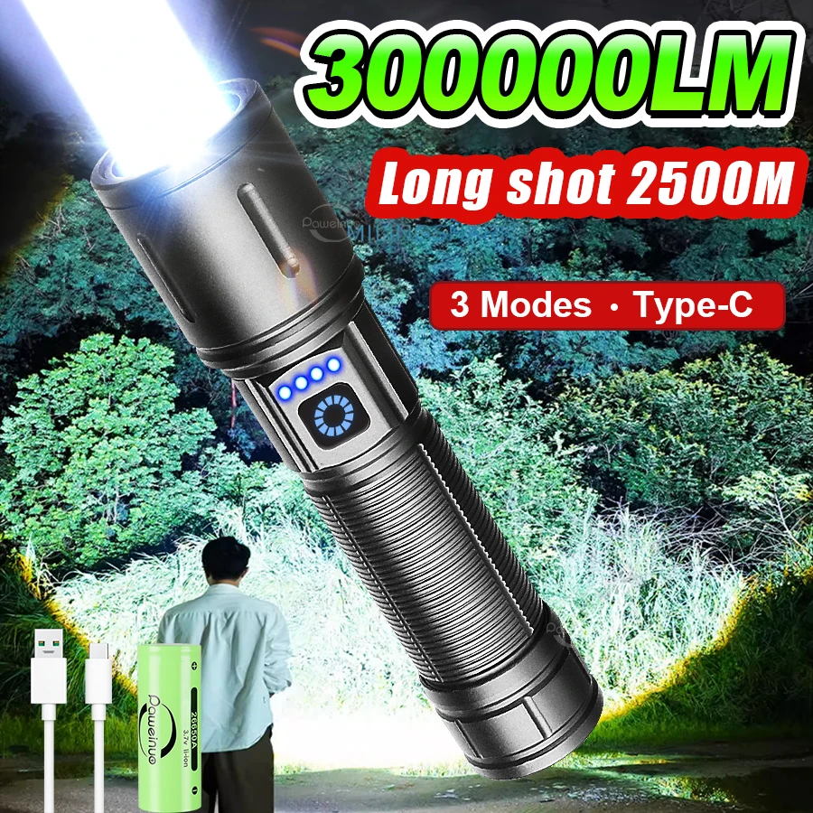 Super High Power LED Flashlight Portable Rechargeable Torch Zoomable Torch Light Wide Range Light Outdoor Camping Lantern Hiking