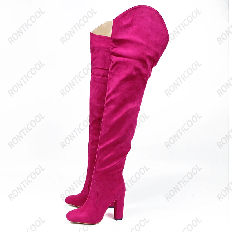 Ronticool New Arrival Women Winter Over The Knee Boots Block Heels Squre Toe Fuchsia Camel Light Blue Dress Shoes Us Size 5-10.5