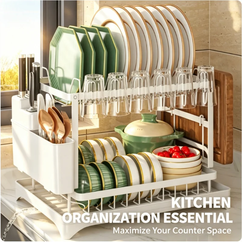 

White Kitchen Dish Drying Rack Multifunctional Countertop Storage Holder with Knife Chopstick Compartment