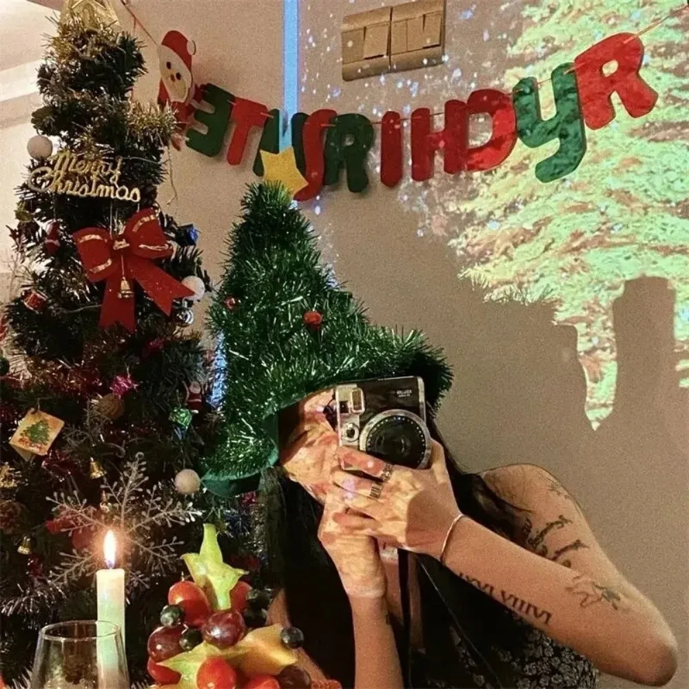 

Shiny Tinsel Colorful Poms Christmas Tree Hat Festival Party Supplies Role-Playing Christmas Themed Hats Headwear Photo Props