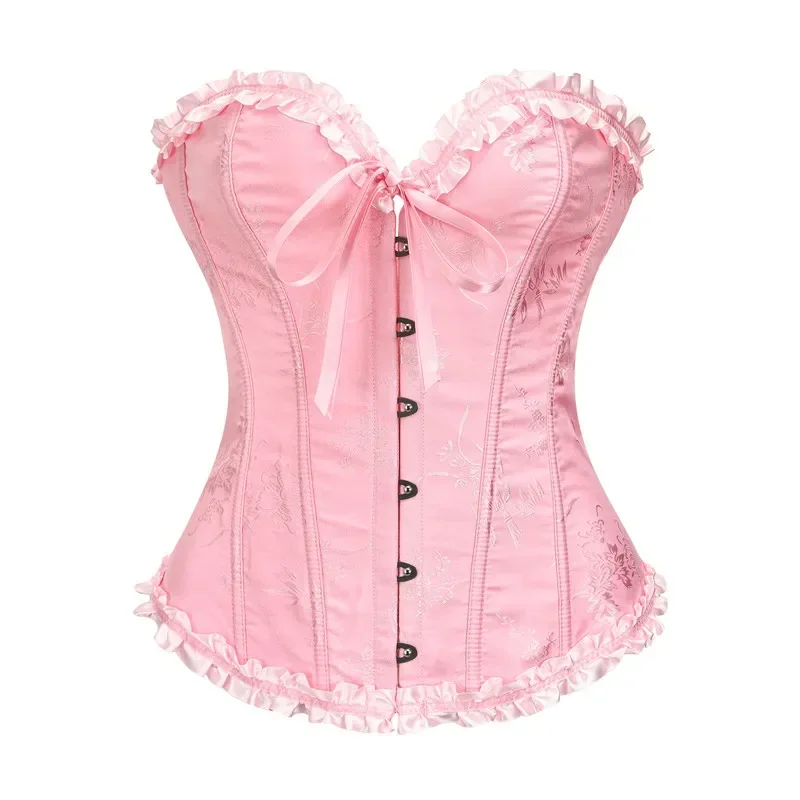 Jacquard Ruffled Trim Boned For Women Overbust Push Up Corset Bustier Top Mujer Slimming Corselet Sexy Gothic Clothes