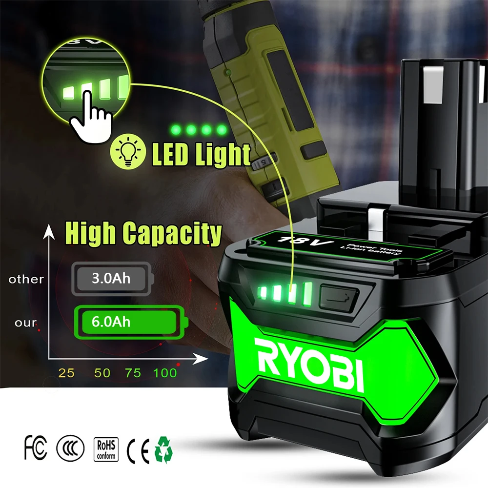 

Original Roybi P108 9.0Ah 18v Battery , Compatible with Roybi ONE+ 12-18V P102 P103 P104 P105 P107 P109 Lithium-IonPower Tools