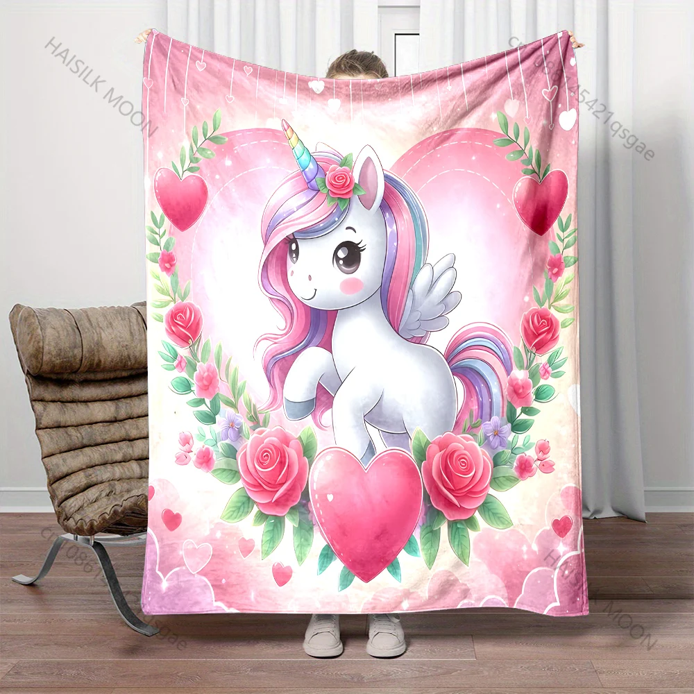 Unicorn Love Flower Cartoon Print Blanket Flannel Material Soft Warm for All Seasons Home Outdoor Camping Picnics Luxury Gifts