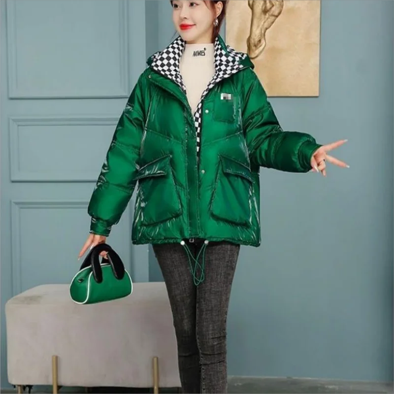 Chaqueta de plumón de algodón brillante para mujer, abrigo grueso y cálido con capucha, Parka de manga larga, abrigo coreano de gran tamaño, verde y azul