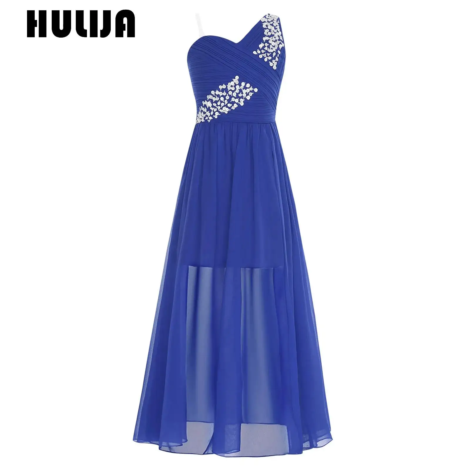 Children Girls Wedding Bridesmaid Dress Asymmetric Shoulder Elegant Ruched Chiffon Maxi Party Dresses Birthday Evening Prom Gown