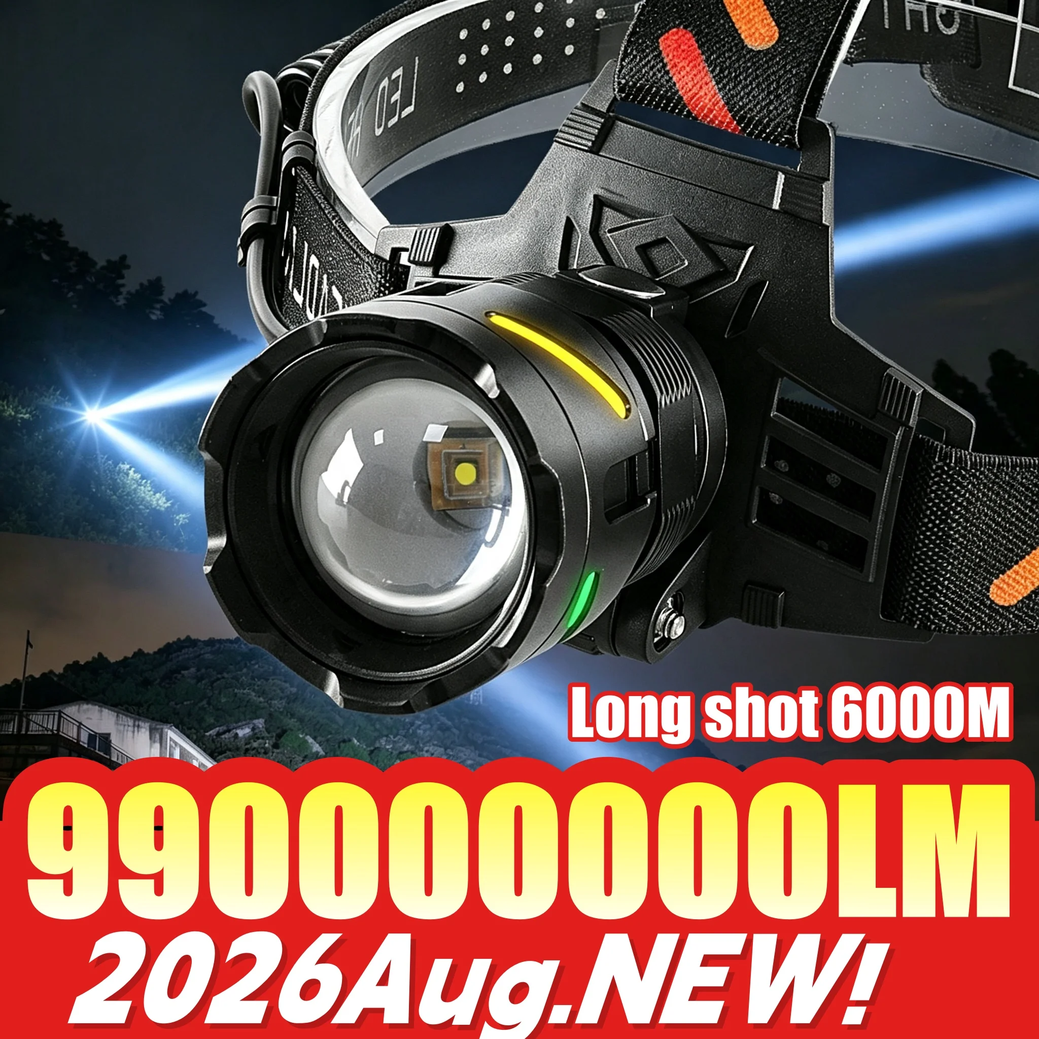 2026 New Super Bright LED Headlamp 6000M Long Range Zoomable USB Rechargeable Waterproof Head Torch for Camping Fishing Hunting
