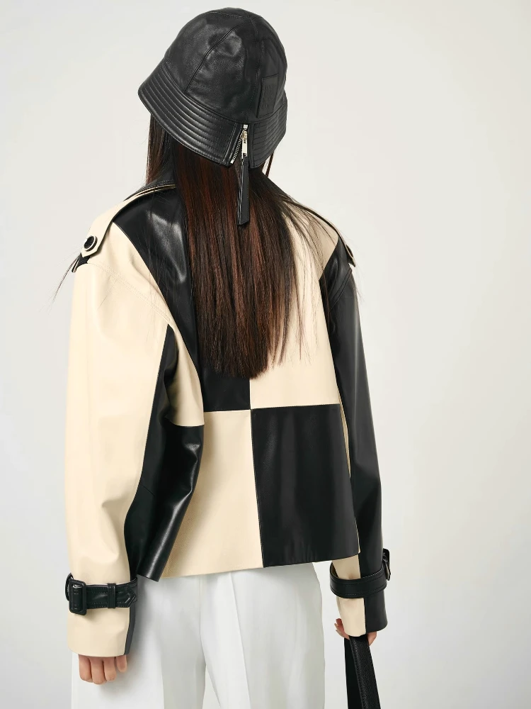 Genuine Leather Motorcycle Jacket Women Spring Autumn High-end Simple Black White Contrast Design Soft Short Real Sheepskin Coat