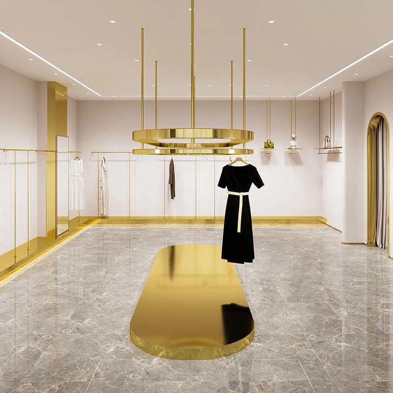 Clothing store display rack island hanging titanium stainless steel side hanging window wire hanging women's clothing buyer