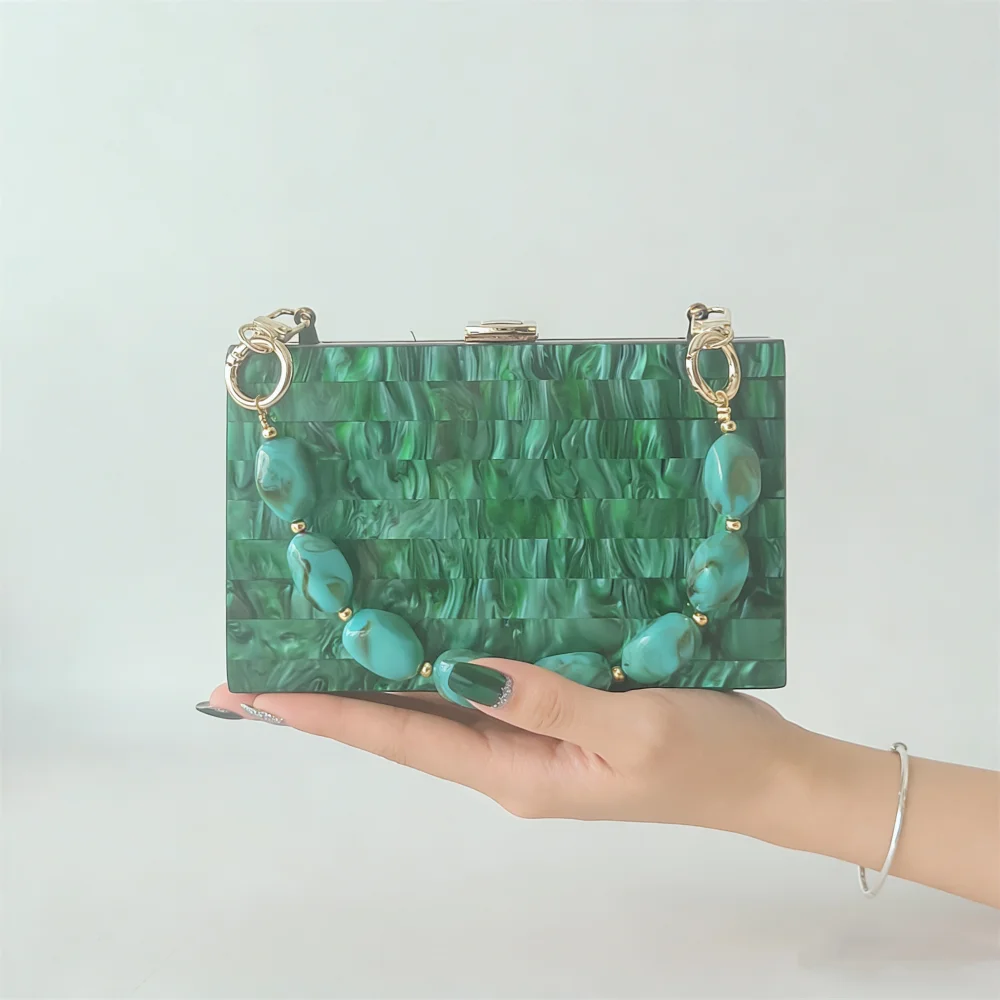 

Жемчужно-мраморно-зеленый полосатый мини-маленький женский клапан, летний пляжный акриловый клатч, женский дизайнерский вечерний кошелек для вечеринок