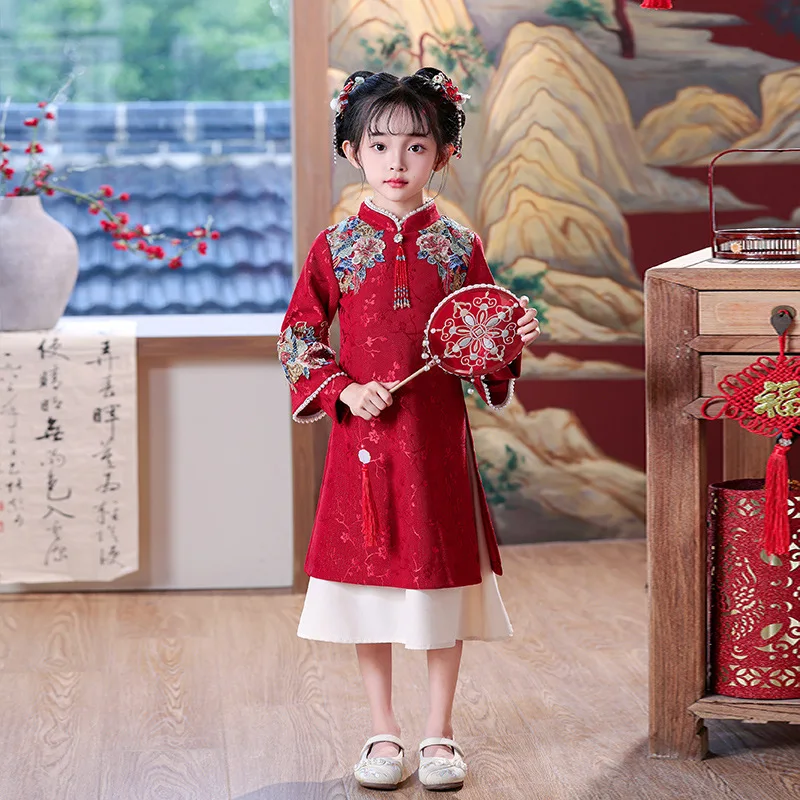 Robe de Bal pour Fille, Tenue de Soirée, de Mariage, à Fleurs, Tradition Alberoise, Cheongsam, Rouge, pour Nouvel An