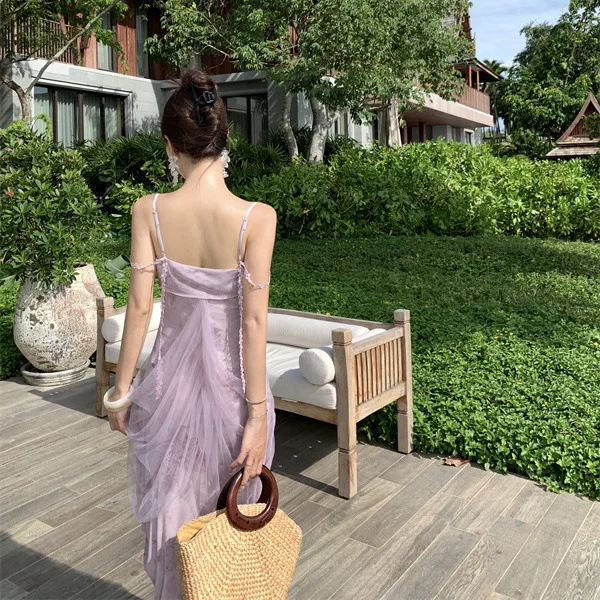 Temperamento francês super lindo vestido suspensor de malha roxa fada verão design sentido nicho férias à beira-mar saia longa