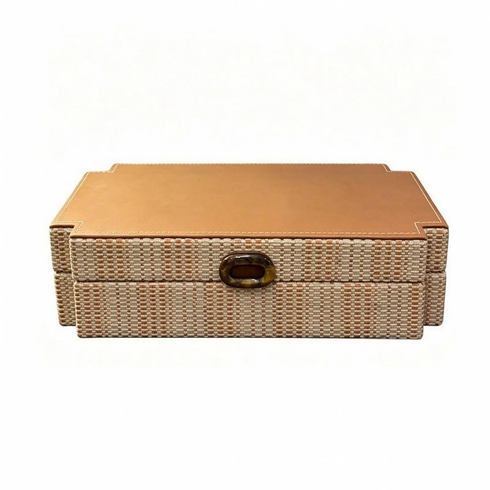 Rectangle Decorative Tray Storage Box Wood Leather Handmade Organizer with Stitched Borders and Gemstone Pull for Display