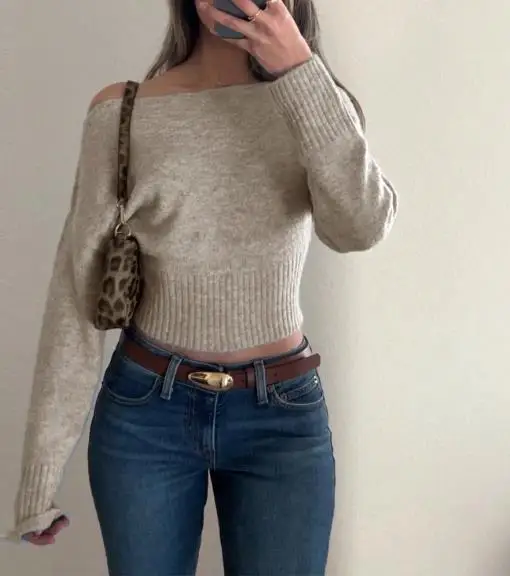 

Осень и зима Новый Y2K Spicy Girl Style Тонкий вязаный свитер с наклонным вырезом для женщин, модный короткий вязаный свитер с открытыми плечами